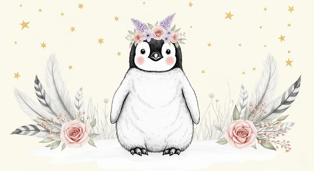 Lastenhuoneen tapetti | Söpö pingviini kukilla ja tähdillä