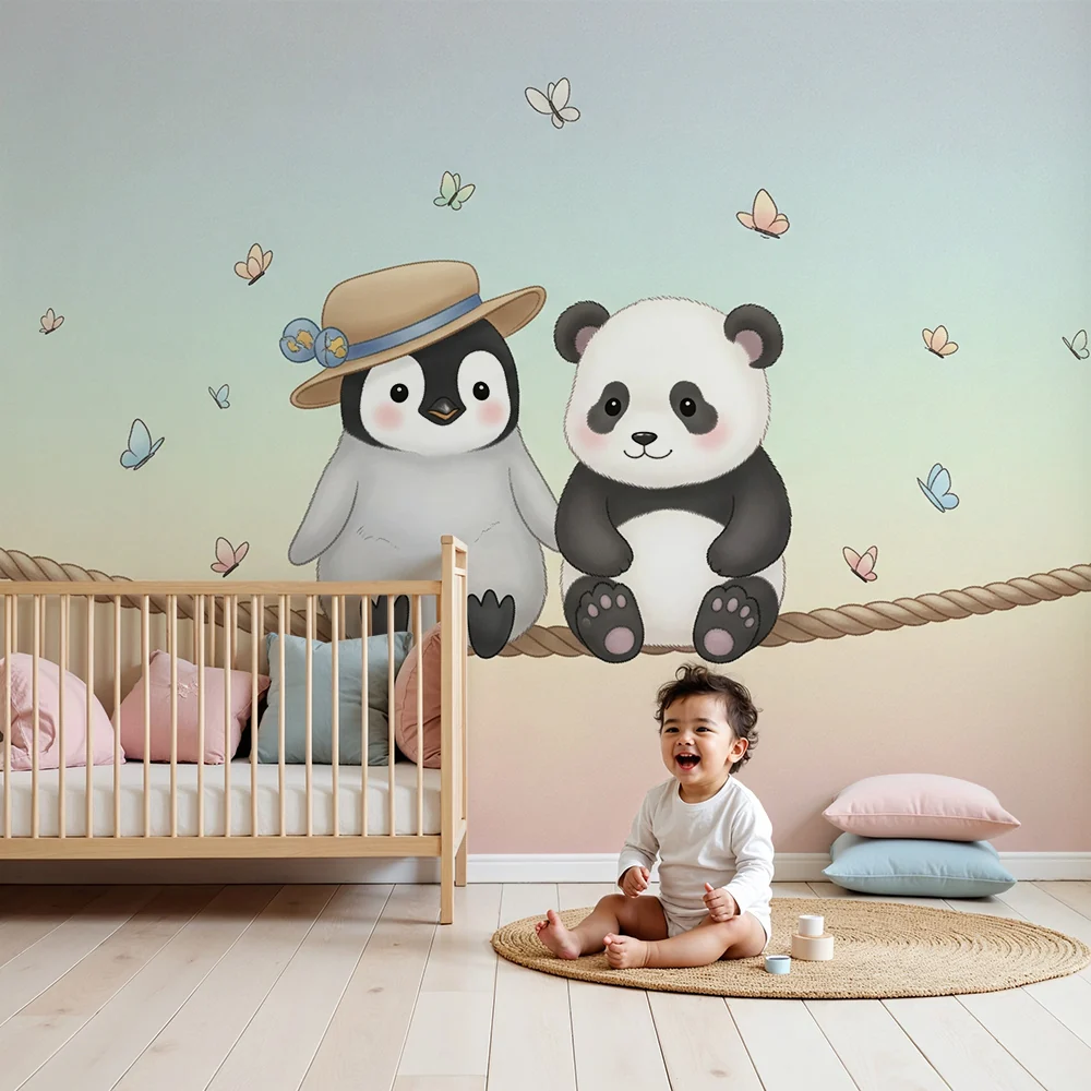 Lastenhuoneen tapetti | Pingviini ja panda ystävinä perhosten alla