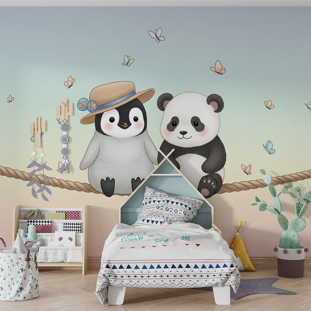 Lastenhuoneen tapetti | Pingviini ja panda ystävinä perhosten alla