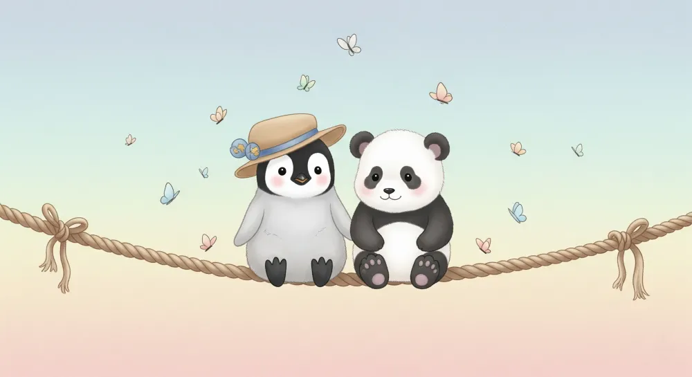 Lastenhuoneen tapetti | Pingviini ja panda ystävinä perhosten alla