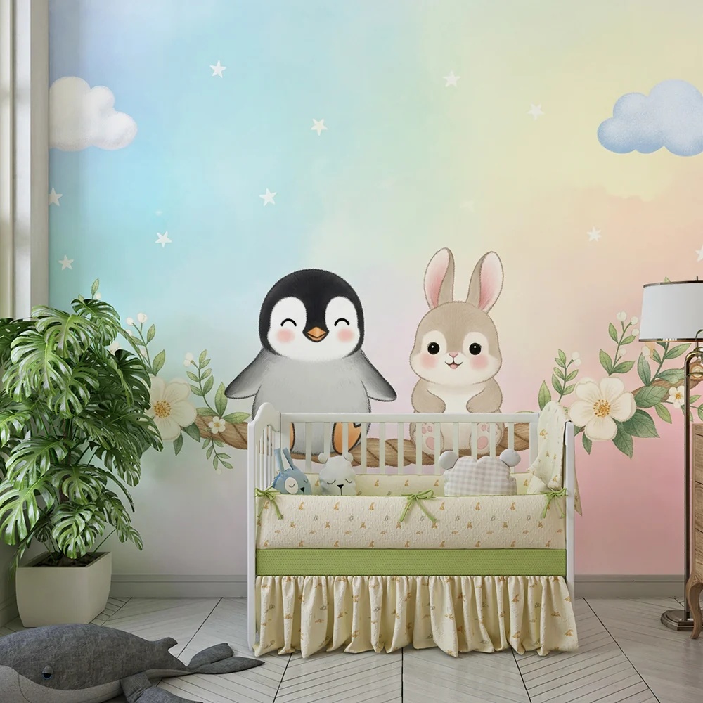 Lastenhuoneen tapetti | Pingviini ja pupu keinussa kukkaisella