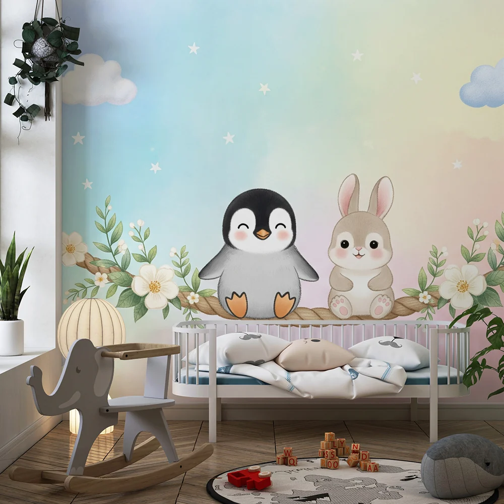 Lastenhuoneen tapetti | Pingviini ja pupu keinussa kukkaisella