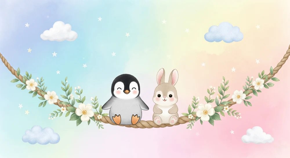 Lastenhuoneen tapetti | Pingviini ja pupu keinussa kukkaisella
