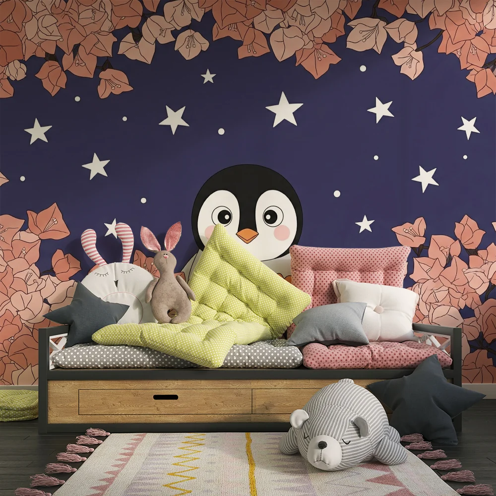 Lastenhuoneen tapetti | Söpö pingviini tähtitaivaan alla