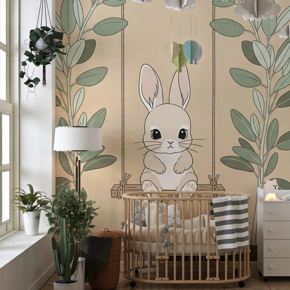 Lastenhuoneen tapetti | Söpö pupu keinussa