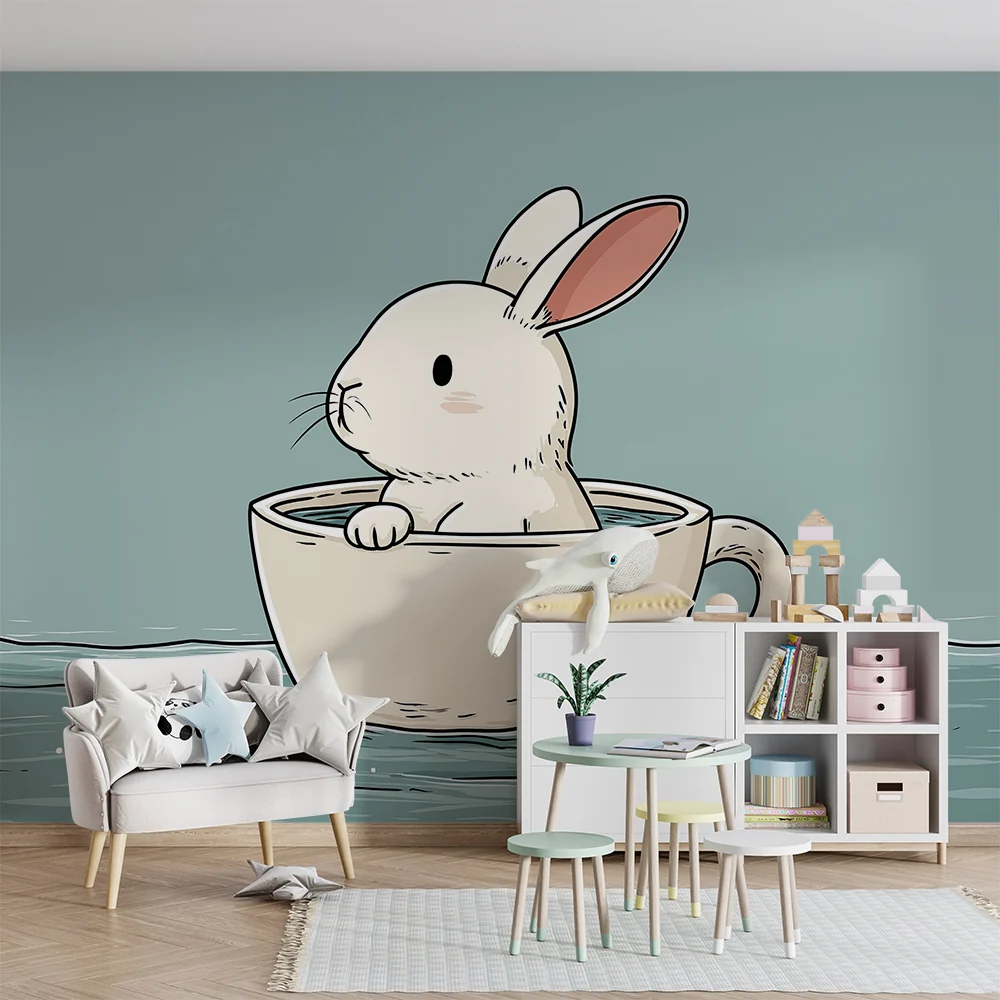 Lastenhuoneen tapetti | Söpö pupu kelluvassa kupissa