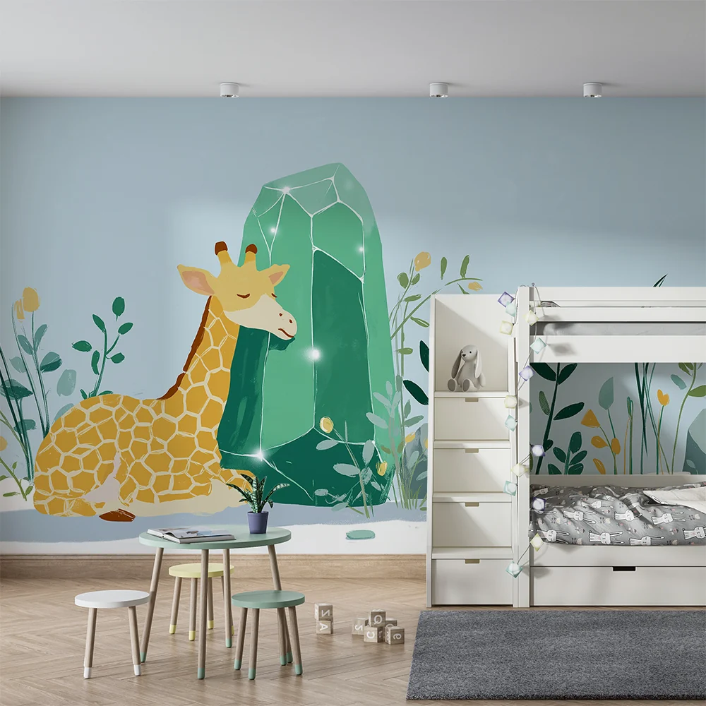 Lastenhuoneen tapetti | Rauhallinen kirahvi ja kristalli lumoavassa puutarhassa