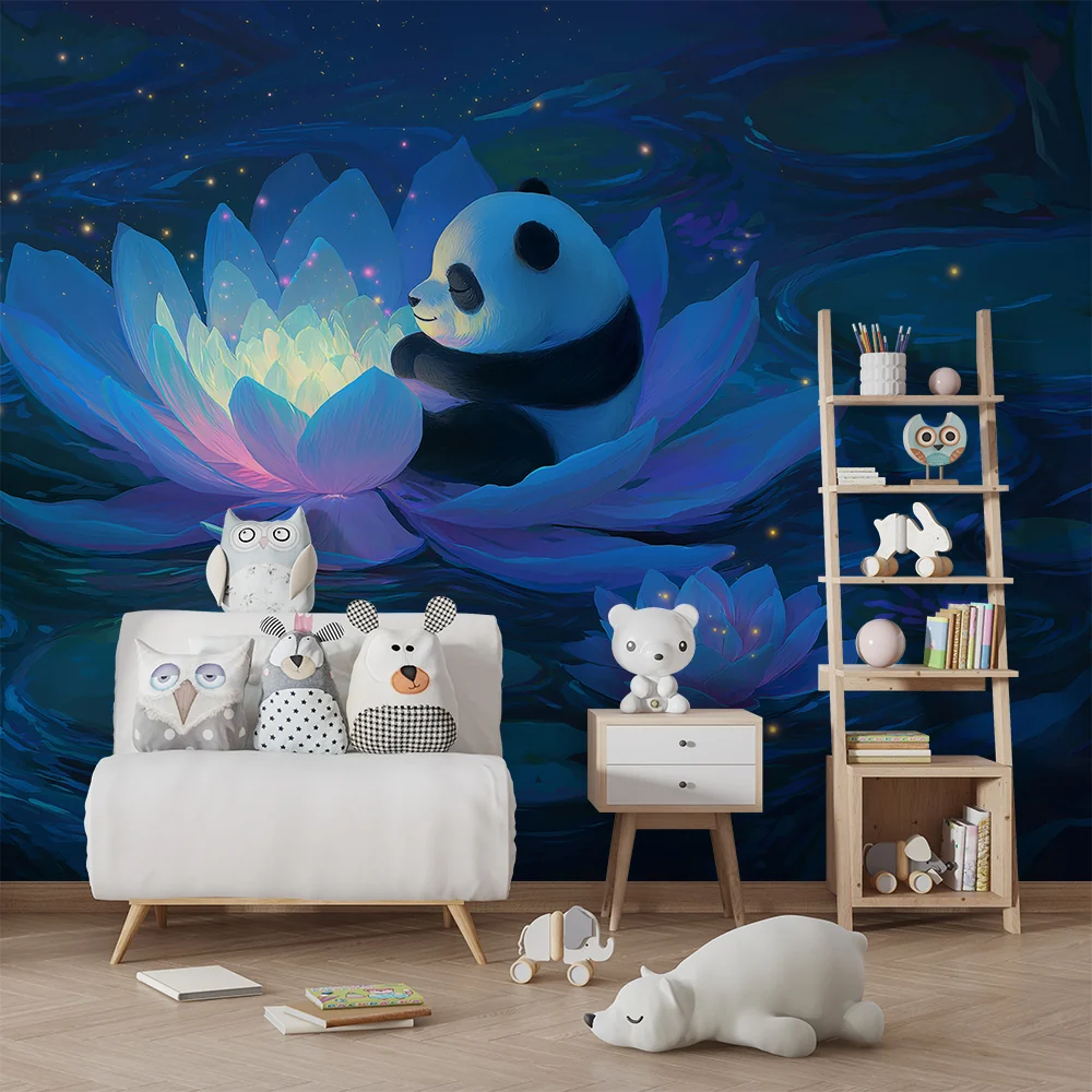 Lastenhuoneen tapetti | Rauhallinen panda lootuksen valossa