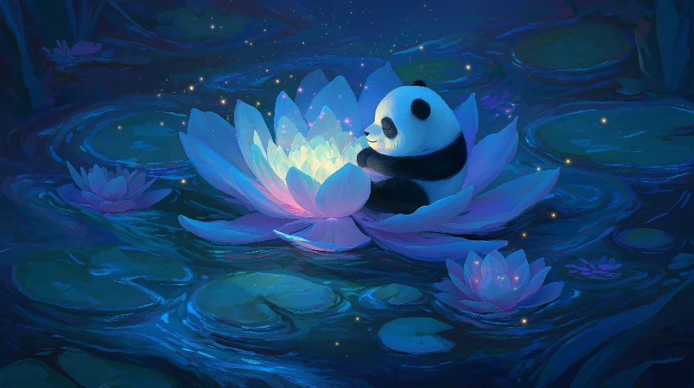Lastenhuoneen tapetti | Rauhallinen panda lootuksen valossa