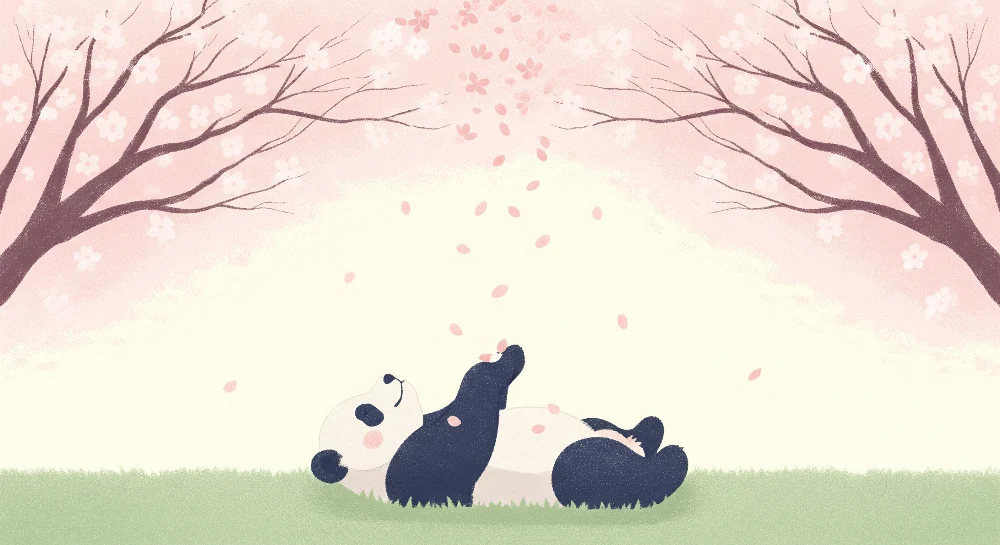 Lastenhuoneen tapetti | Rentouttava panda kukkivien kirsikkapuiden alla