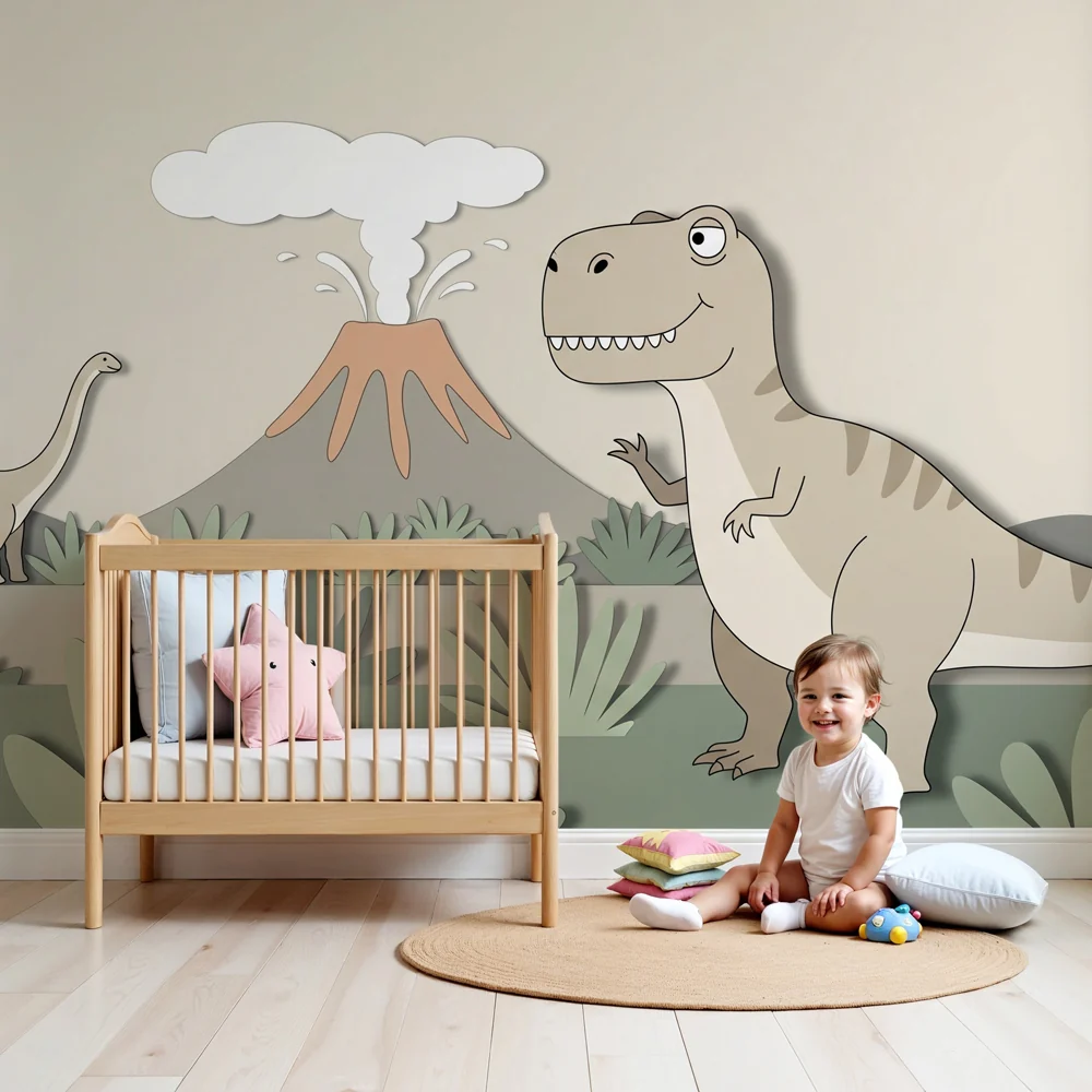 Lastenhuoneen tapetti | T Rex ja diplodocus beige vihreällä salvianlehdellä