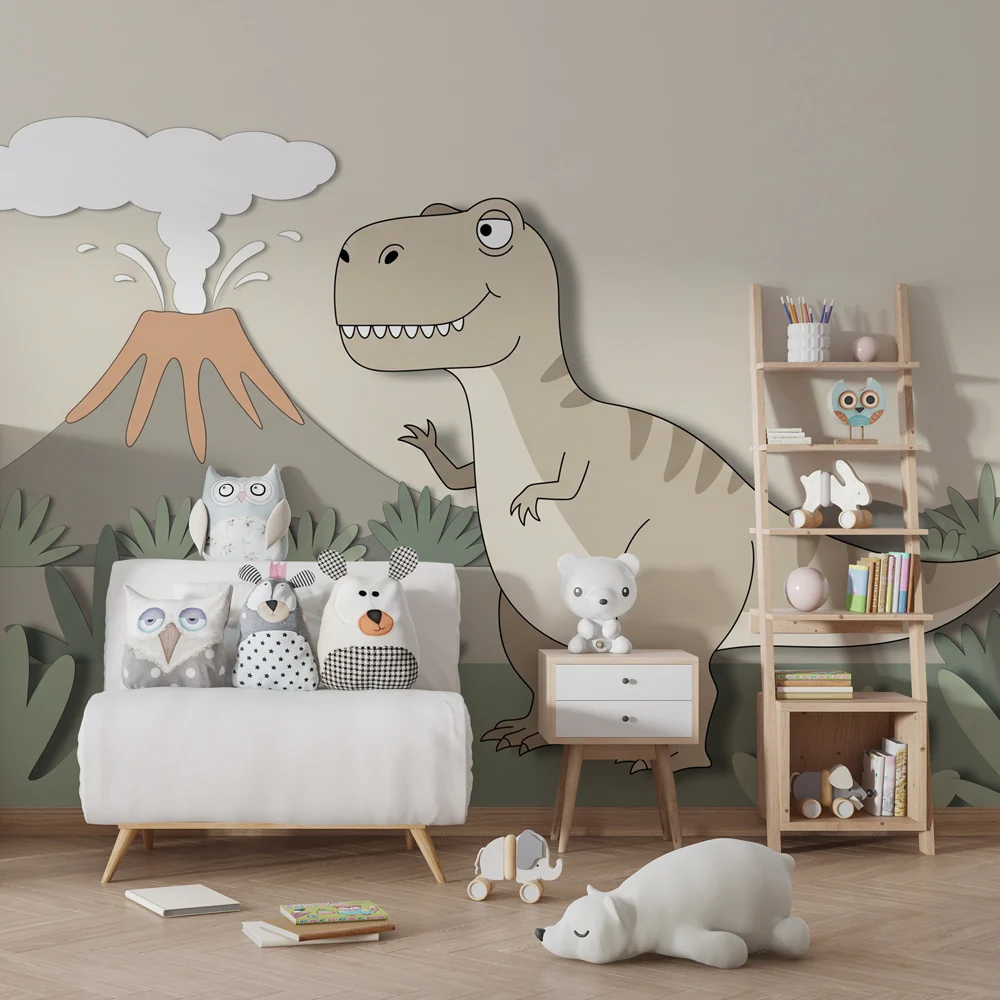 Lastenhuoneen tapetti | T Rex ja diplodocus beige vihreällä salvianlehdellä
