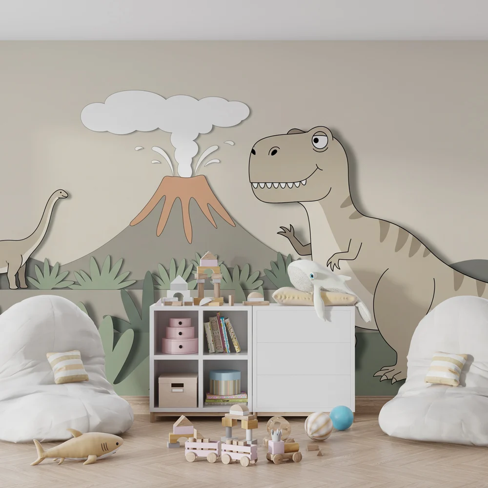 Lastenhuoneen tapetti | T Rex ja diplodocus beige vihreällä salvianlehdellä