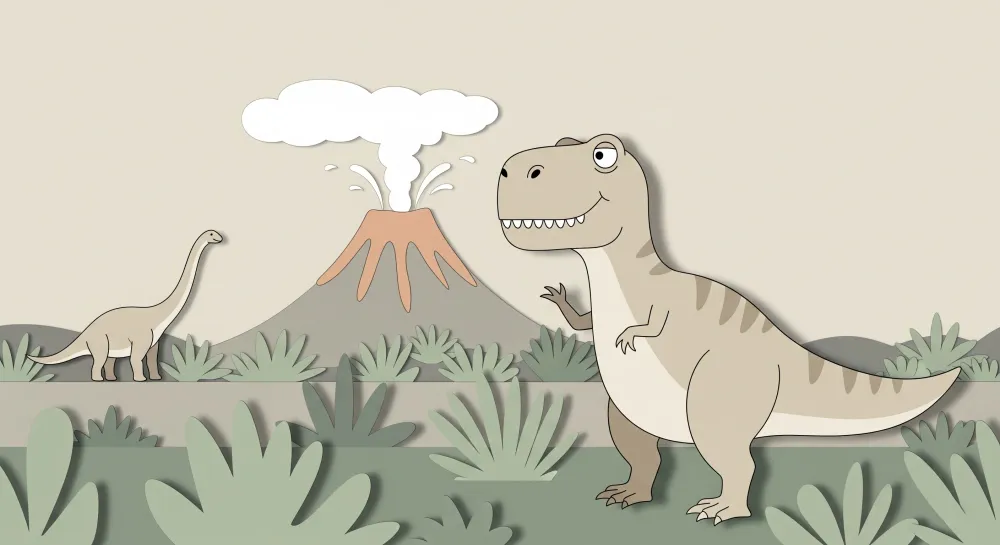 Lastenhuoneen tapetti | T Rex ja diplodocus beige vihreällä salvianlehdellä
