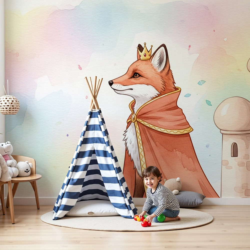 Lastenhuoneen tapetti | Royal fox and fairy-tale castle pastel background