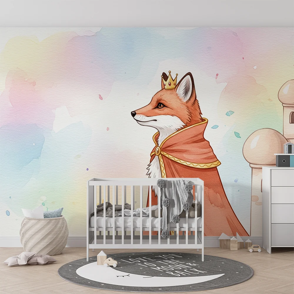Lastenhuoneen tapetti | Royal fox and fairy-tale castle pastel background