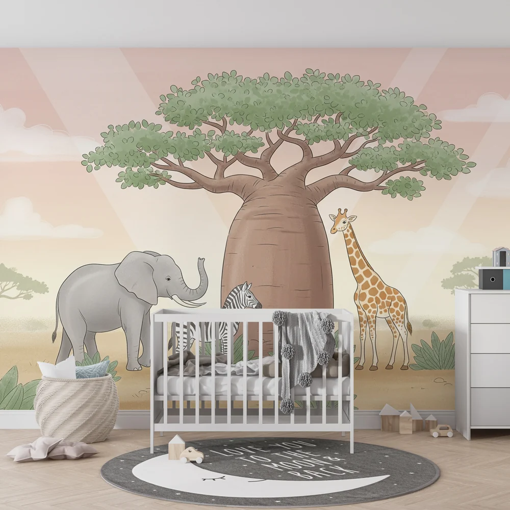 Lastenhuoneen tapetti | Safari elefantin, seepran ja kirahvin kanssa