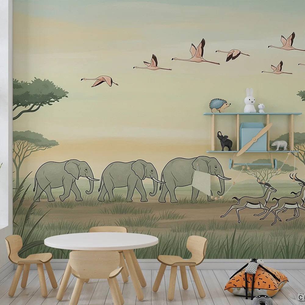 Lastenhuoneen tapetti | Safarilla maan ja ilman välillä elefanttien ja flamingojen kanssa