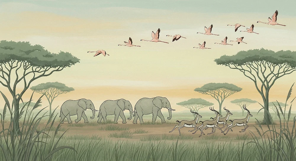 Lastenhuoneen tapetti | Safarilla maan ja ilman välillä elefanttien ja flamingojen kanssa