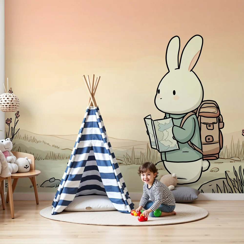 Lastenhuoneen tapetti | Seikkailullinen pieni pupu ja lempeät maisemat
