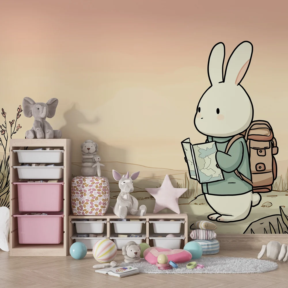 Lastenhuoneen tapetti | Seikkailullinen pieni pupu ja lempeät maisemat