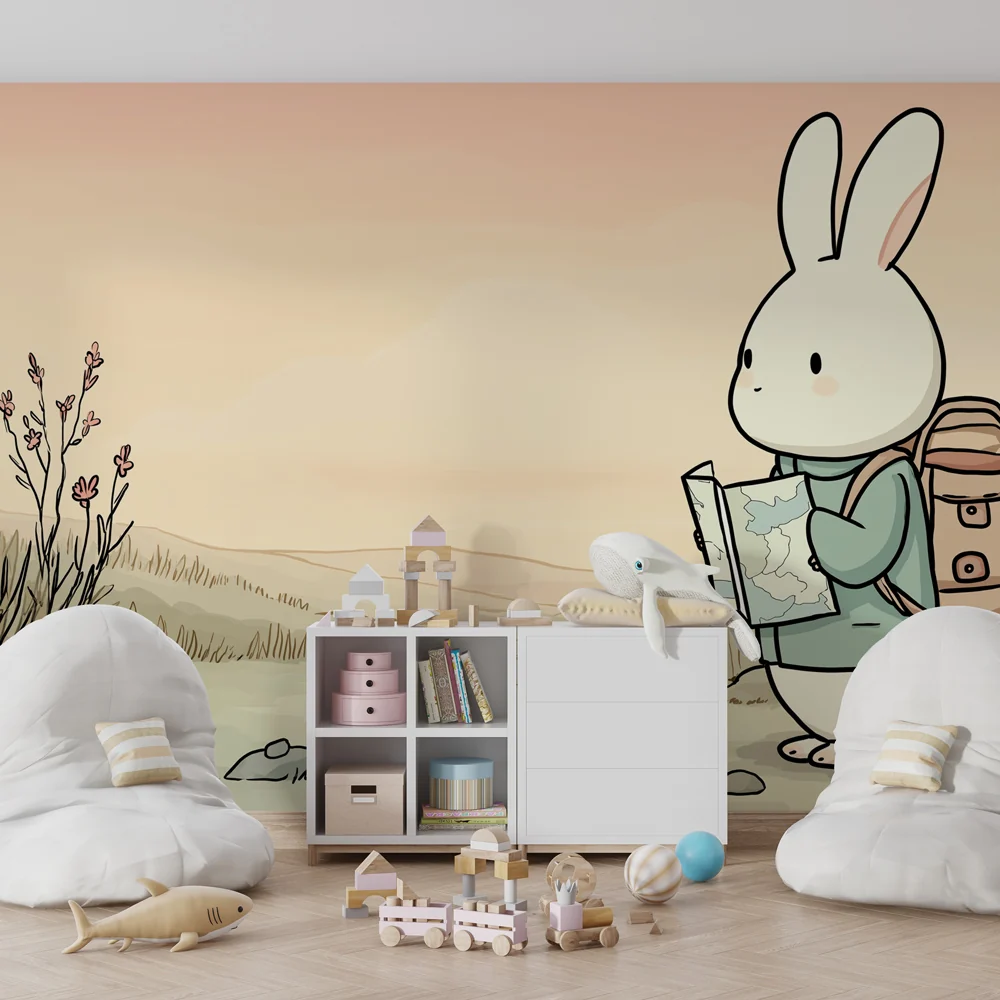 Lastenhuoneen tapetti | Seikkailullinen pieni pupu ja lempeät maisemat