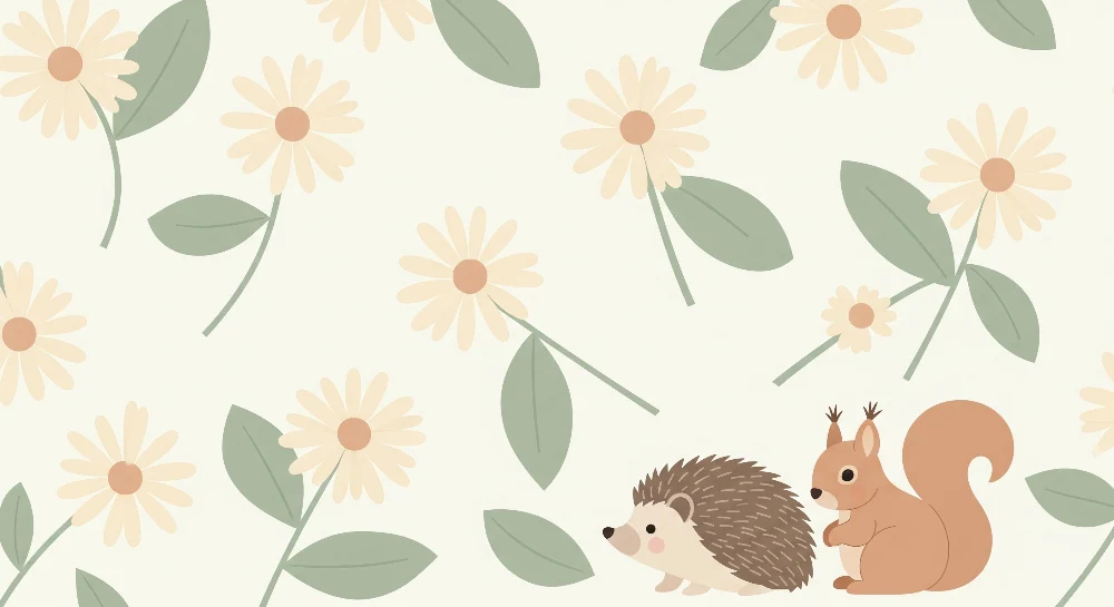 Lastenhuoneen tapetti | Siili ja orava kukkien keskellä