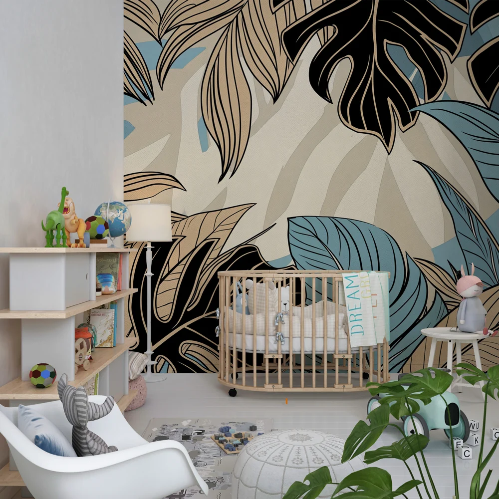 Lastenhuoneen tapetti | Siniset ja beige trooppiset lehdet