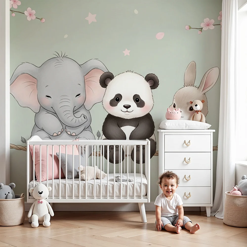 Lastenhuoneen tapetti | Söpöt elefantti, panda ja pupu