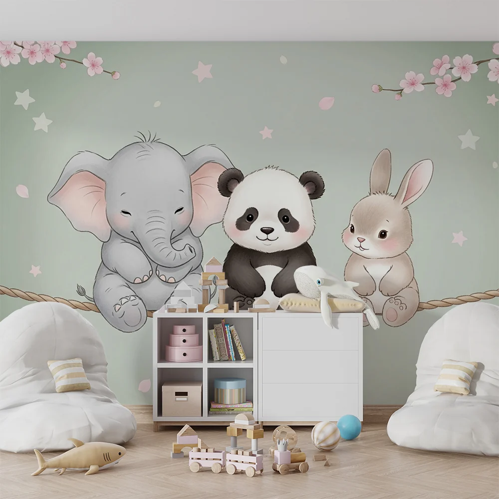 Lastenhuoneen tapetti | Söpöt elefantti, panda ja pupu