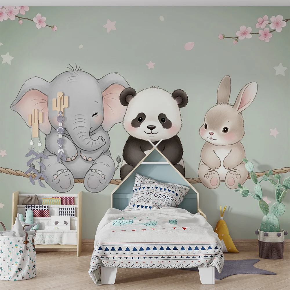 Lastenhuoneen tapetti | Söpöt elefantti, panda ja pupu
