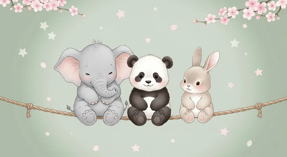 Lastenhuoneen tapetti | Söpöt elefantti, panda ja pupu