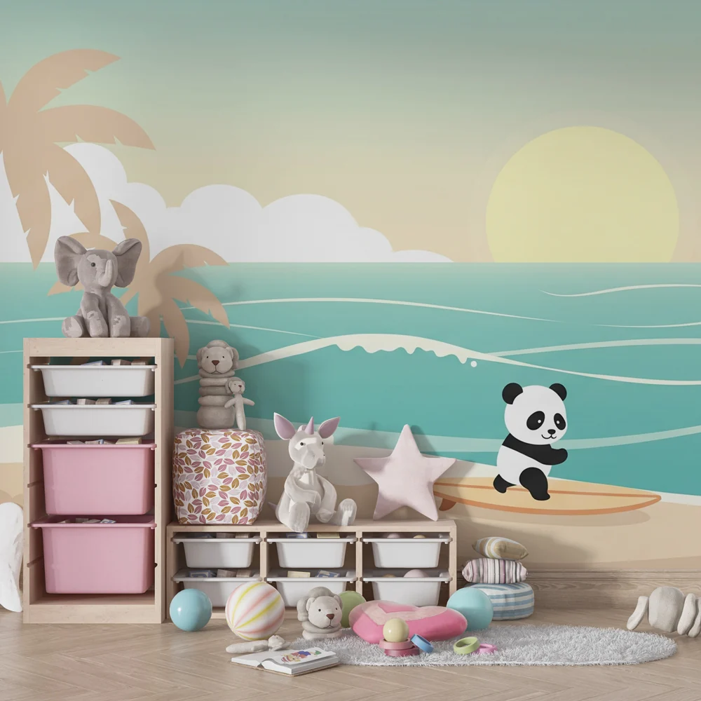 Lastenhuoneen tapetti | Surffaava panda rannalla