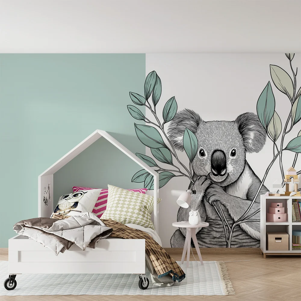 Lastenhuoneen tapetti | Syleilevä koala hienostuneiden lehtien ympäröimänä