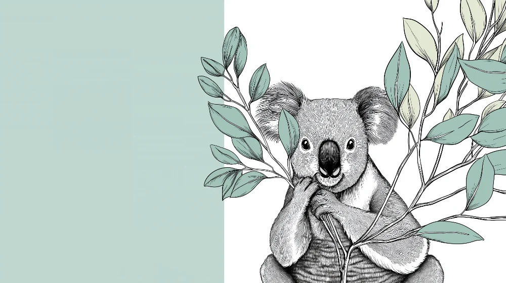 Lastenhuoneen tapetti | Syleilevä koala hienostuneiden lehtien ympäröimänä