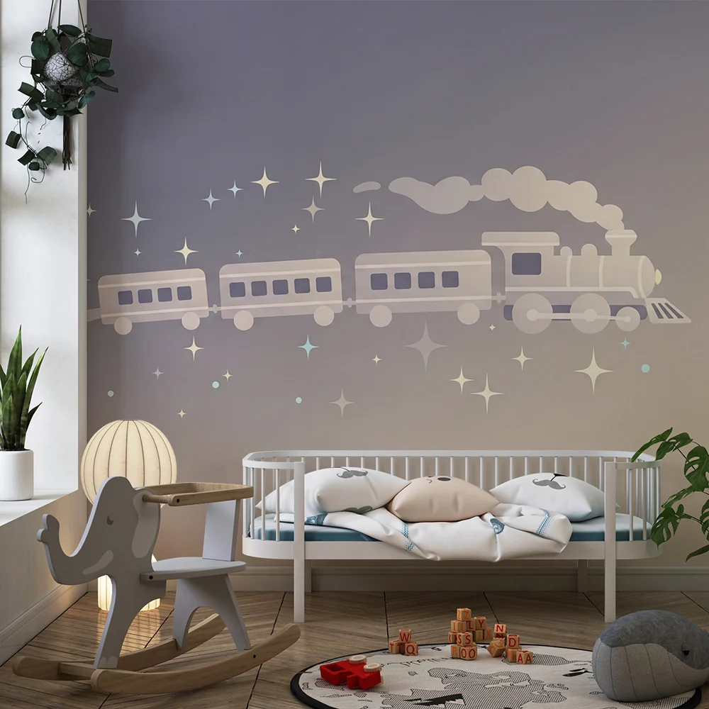 Lastenhuoneen tapetti | Taianomainen juna beige-sävyisellä taivaalla
