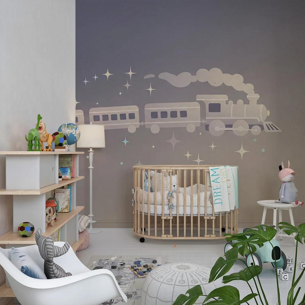Lastenhuoneen tapetti | Taianomainen juna beige-sävyisellä taivaalla