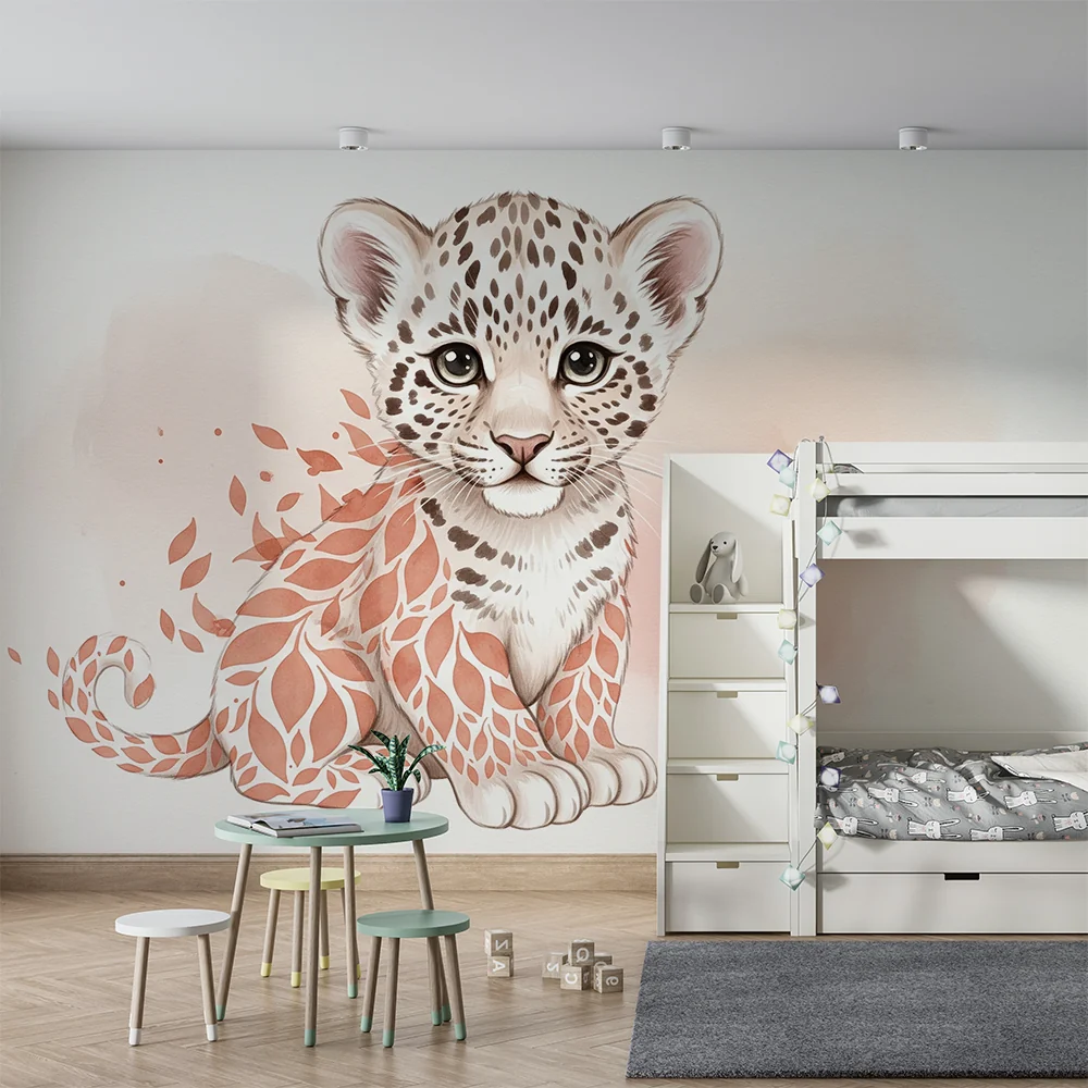 Lastenhuoneen tapetti | Taiteellinen leopardinpentu kukkakuvioilla