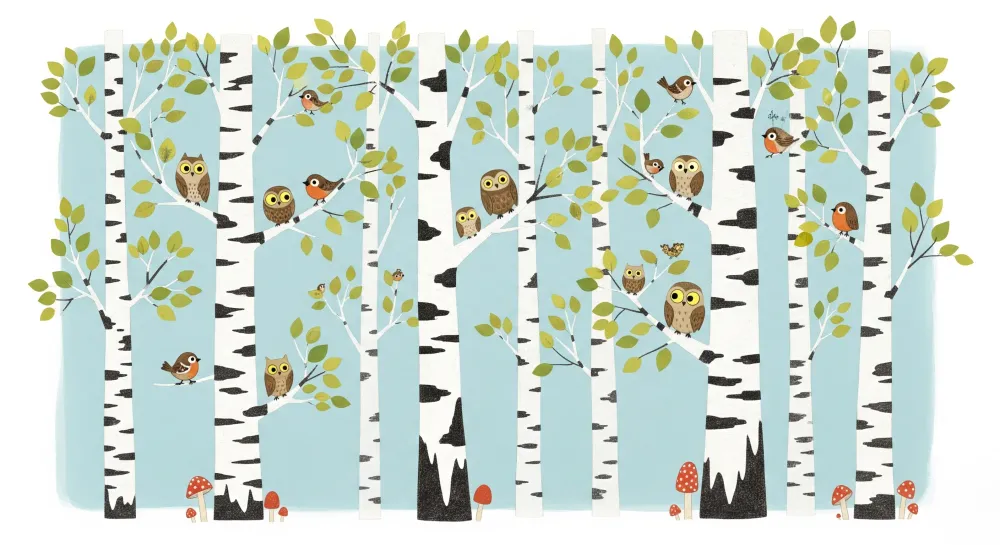 Lastenhuoneen tapetti | Tammi ja pöllöt metsässä