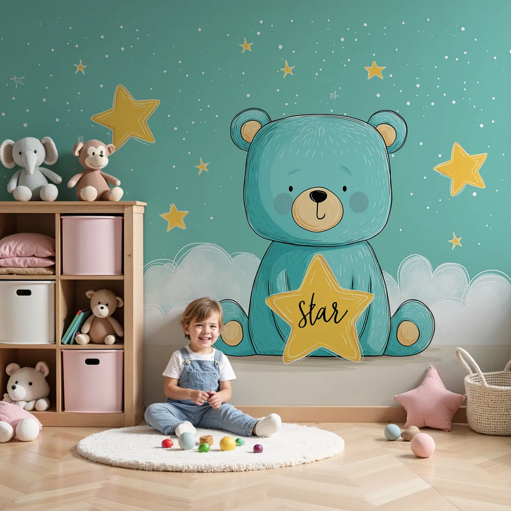 Lastenhuoneen tapetti | Teddykarhu tähti ja pilvet