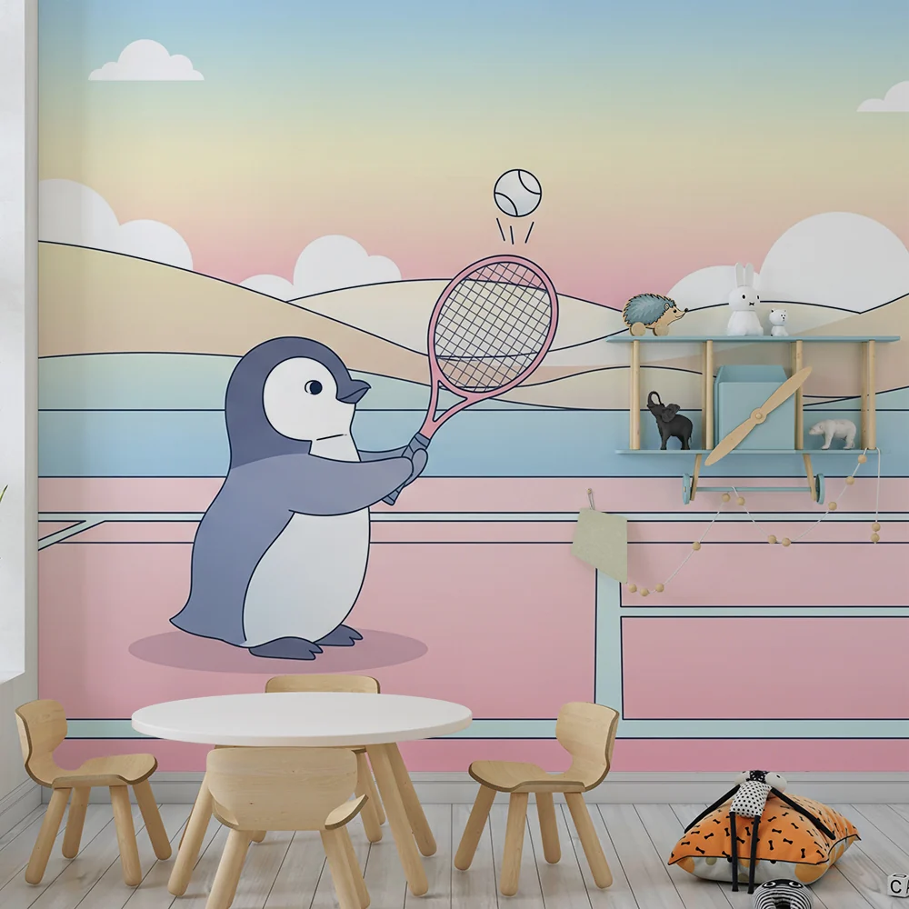 Lastenhuoneen tapetti | Tennis pelaava pingviini pastellisella taustalla