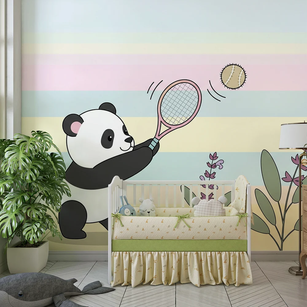 Lastenhuoneen tapetti | Tennispelaava panda värikkäässä ympäristössä
