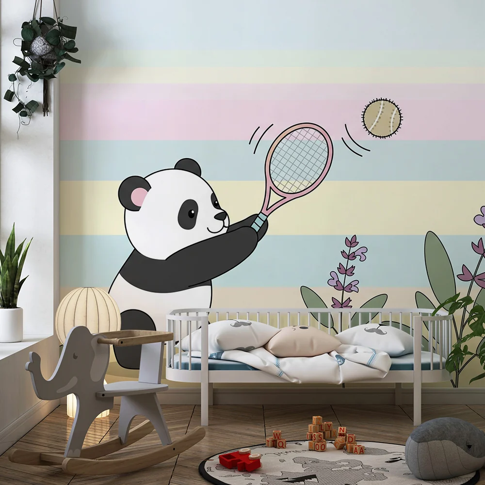 Lastenhuoneen tapetti | Tennispelaava panda värikkäässä ympäristössä