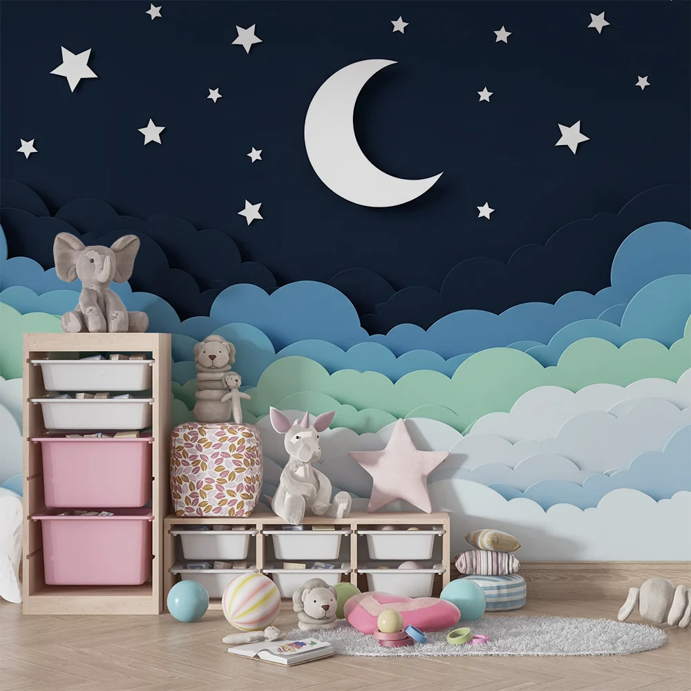 Lastenhuoneen tapetti | Tähtitaivas pehmeillä pilvillä ja kuulla