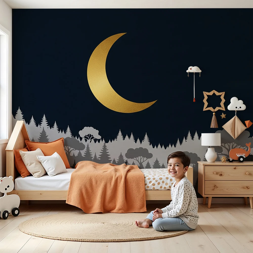 Lastenhuoneen tapetti | Tähtiyö kultaisella kuulla ja salaperäisellä metsällä