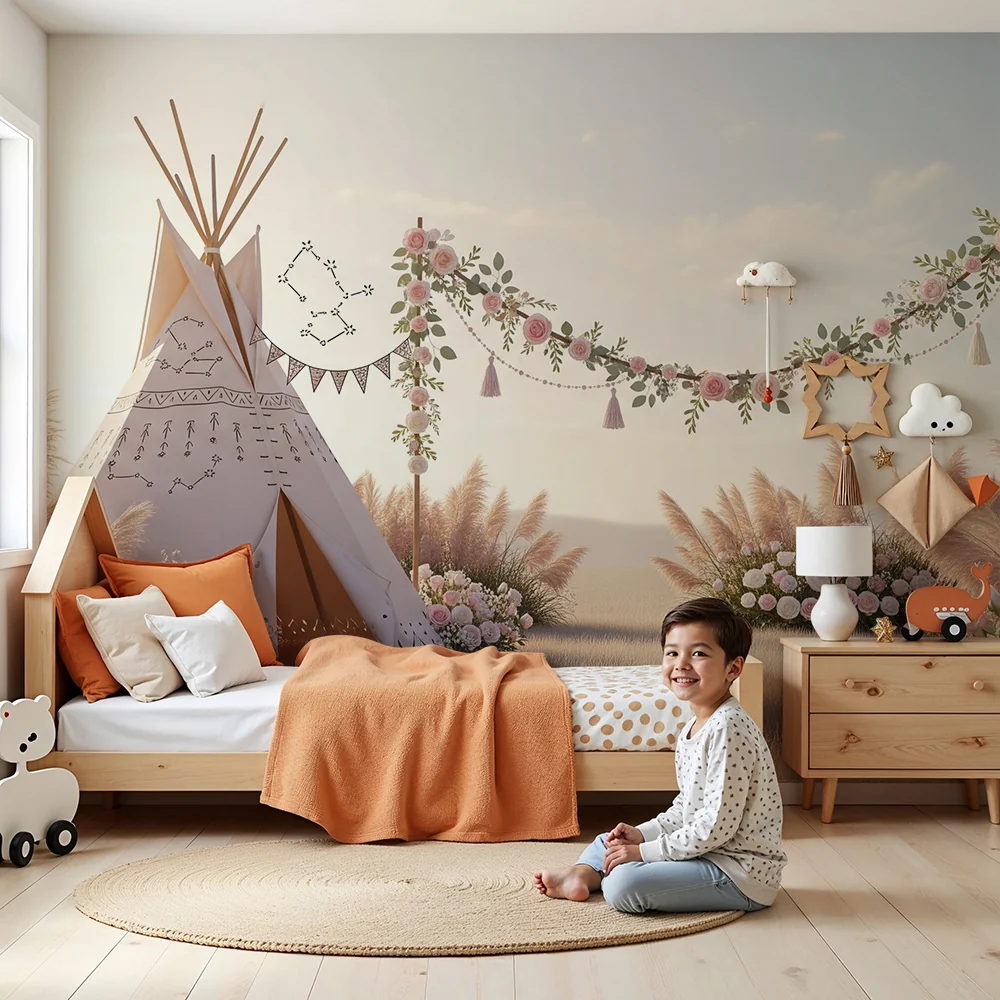 Lastenhuoneen tapetti | Tipi-kukka-asetelma ja köynnös pajunkorvilla