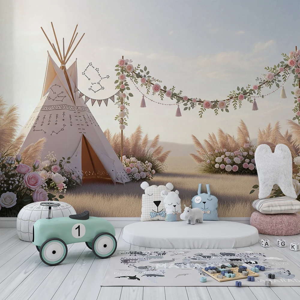 Lastenhuoneen tapetti | Tipi-kukka-asetelma ja köynnös pajunkorvilla