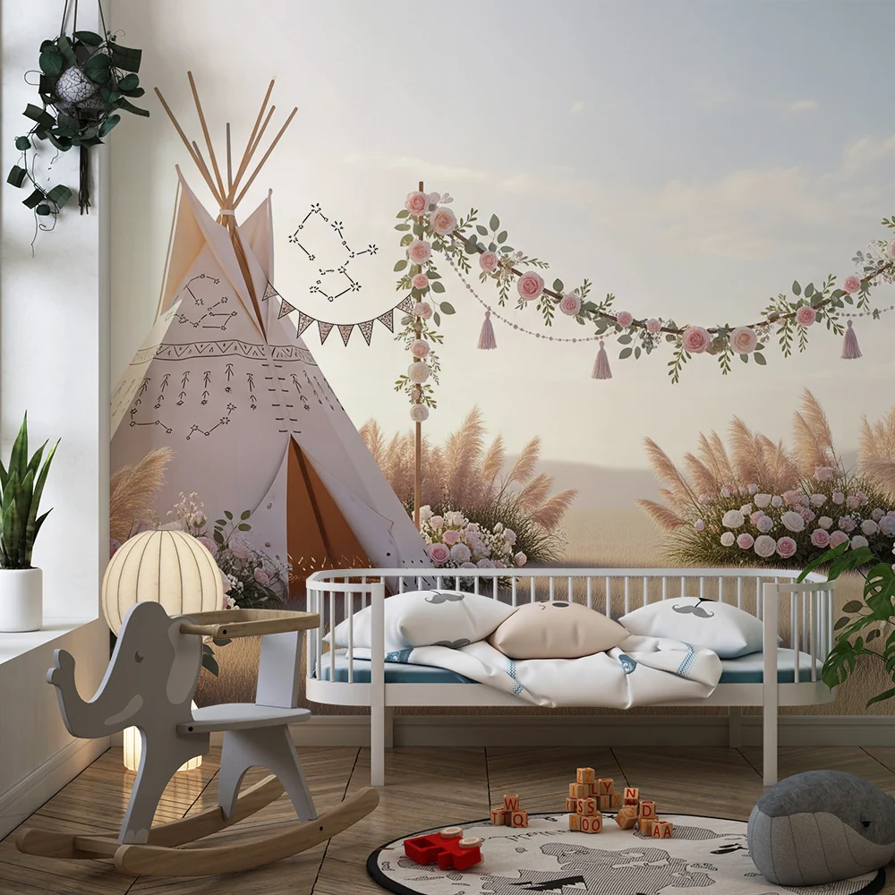 Lastenhuoneen tapetti | Tipi-kukka-asetelma ja köynnös pajunkorvilla