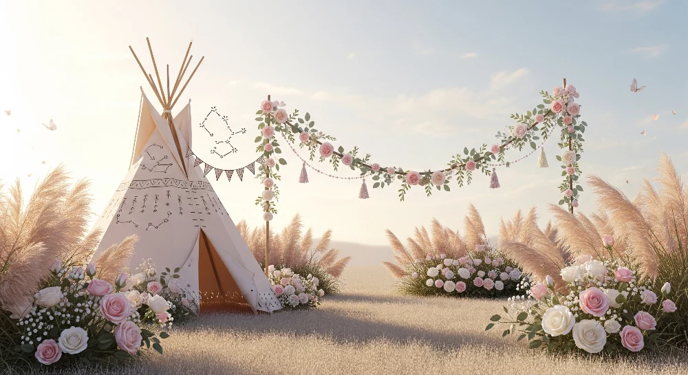 Lastenhuoneen tapetti | Tipi-kukka-asetelma ja köynnös pajunkorvilla