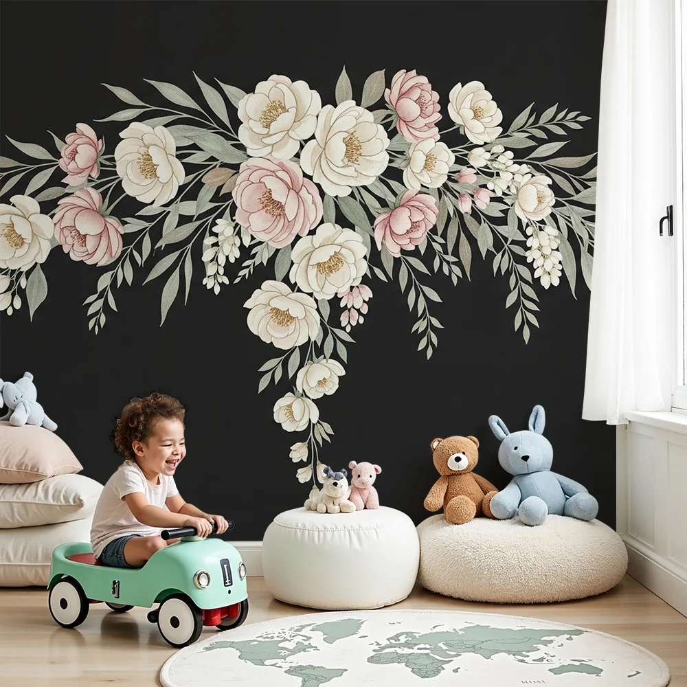 Lastenhuoneen tapetti | Tyylikkäät pastelliväriset kukat mustalla taustalla